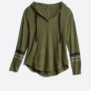 Long sleeve knit hoodie, drawstring V-neck for relaxed fit. One pocket.